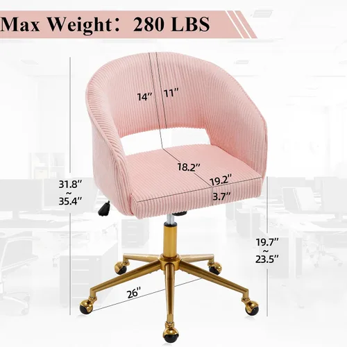 Miniatura 3 de Sillas de escritorio para oficina en casa Westice, silla moderna de corduroy con ruedas, silla giratoria ajustable en altura con base dorada