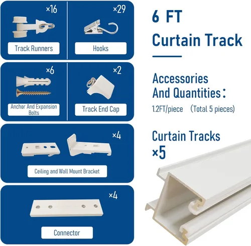 Miniatura 4 de Riel de cortina para montaje en techo, riel de cortina de techo resistente o pared de 6 pies, riel divisor de habitación blanco con clips, adecuado