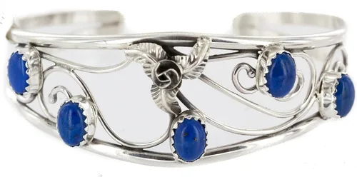 Miniatura 2 de $250Tag Certificado Navajo Natural Lapislázuli Pulsera Nativa Americana 12946-1 Hecho por Loma Siiva, Metal Piedra, Lapislázuli
