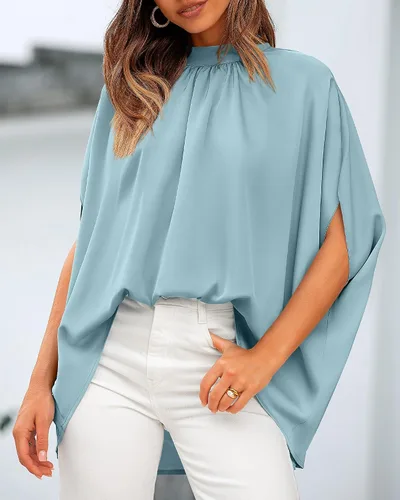Miniatura 6 de BTFBM Blusas de verano para mujer, cuello alto falso, manga murciélago, holgadas, dobladillo alto y bajo, blusas informales de gran