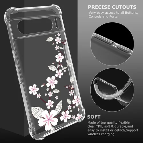 Miniatura 4 de Funda transparente floral para Pixel 8 Pro para mujeres/niñas, bonita funda de teléfono para Google Pixel 8 Pro, diseño de flores, delgada, suave