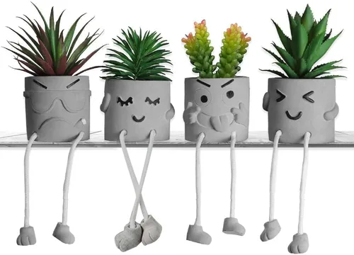 Miniatura 12 de MAKHOT 4 plantas suculentas artificiales creativas con maceta de cemento, planta pequeña falsa para escritorio, suculentas falsas para decoración
