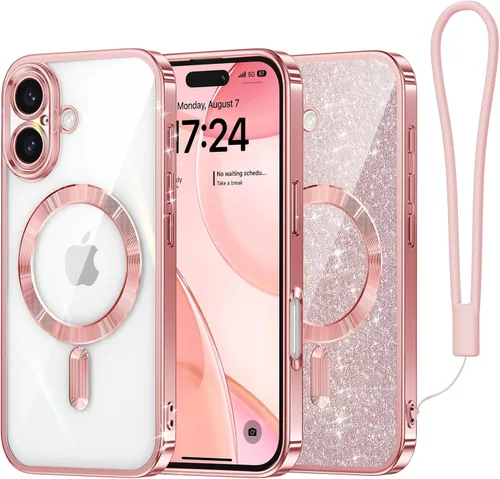 Miniatura 75 de Meifigno Candy Mag Series - Funda diseñada para iPhone 15 Pro, compatible con MagSafe, tarjeta con purpurina y correa de muñeca, protección completa