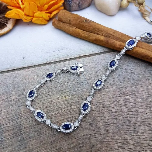 Miniatura 7 de Dazzlingrock Collection Pulsera de eslabones de mujer de diamante blanco de corte ovalado real con zafiro azul y corte redondo, plata esterlina