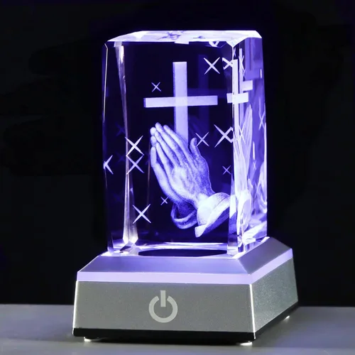 Miniatura 10 de YWHL Figura de Cruz de Cristal 3D con Base de Luz Colorida, Grabada Láser, Regalos Religiosos Bíblicos para Mujeres y Hombres, Decoración Cristiana