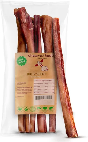chew-e&tasty Bully Sticks de 11 a 12 pulgadas para perros (paquete de 1 libra) – Golosinas para perros de un solo ingrediente de larga duración con