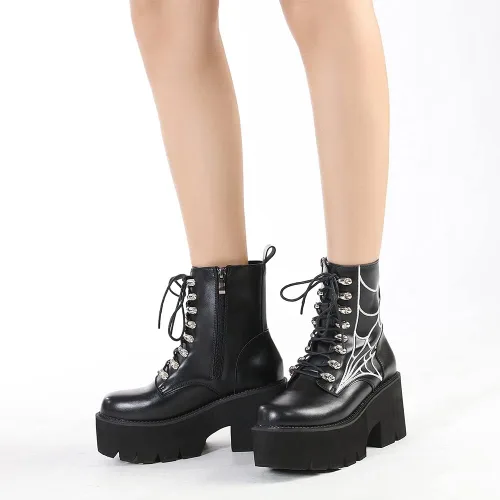 Miniatura 5 de mikarka Botas de plataforma con cadena para mujer, con cordones y cremallera, tacón grueso, botines de combate negros, botas de motocicleta