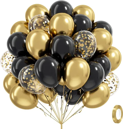 Globos negros y dorados, 60 unidades de 12 pulgadas, globos de confeti negros metálicos dorados para decoraciones de graduación, aniversario 2025,