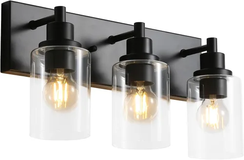 Miniatura 9 de LOUSACE Lámpara de tocador de baño de 3 luces, lámparas de baño negro mate sobre el espejo, iluminación moderna de baño con pantalla de vidrio