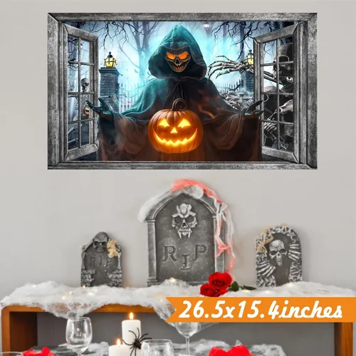 Miniatura 7 de Decoración de pared de Halloween, calcomanías de Halloween 3D para ventana falsa, despegar y pegar, calabazas, esqueleto, murales artísticos