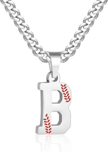 Miniatura 64 de Avotto Collar de béisbol con letra inicial de la A a la Z para niños y hombres, cadena cubana de acero inoxidable resistente que no se decolora