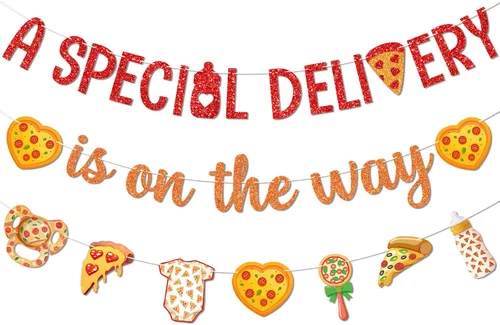Banner con texto en inglés «A Special Delivery Is on the Way» Decoraciones para fiestas de pizza, entrega especial, pizza, baby shower, baby shower