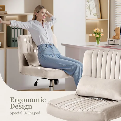 Miniatura 7 de Silla de oficina de terciopelo, silla cruzada de lujo con ruedas, cómoda silla de escritorio con patas cruzadas para oficina en casa, silla de Beige