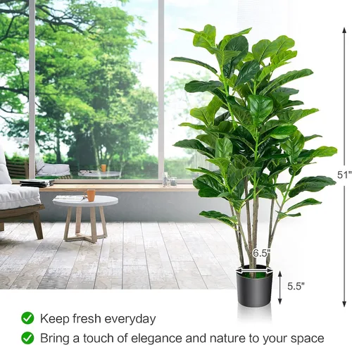 Miniatura 7 de Paquete de 2 árboles de ficus artificiales de hoja de violín de 51 pulgadas, con 100 hojas, árboles falsos decorativos para interiores
