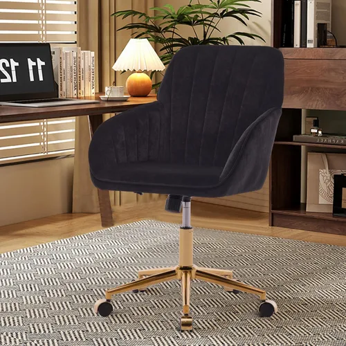 Silla de oficina en casa, silla giratoria de terciopelo para escritorio, sillón tapizado moderno con base dorada para niñas y mujeres, asiento de