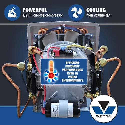 Miniatura 3 de Mastercool 69365 Sistema de recuperación de refrigerante Twin Turbo - Tanque DOT de 50 libras con interruptor de flotador, compresor de doble