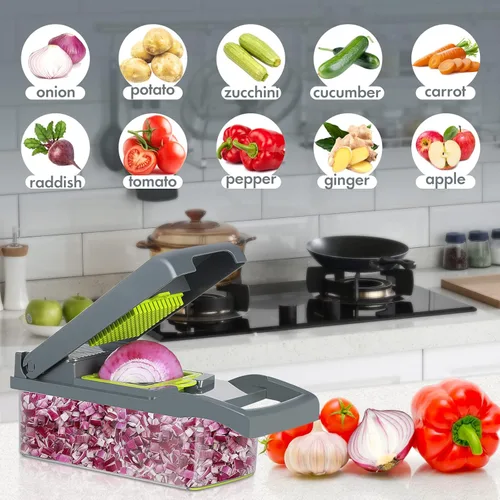 Miniatura 6 de Ourokhome Cortador de cebollas y verduras, cortador profesional de mandolina 12 en 1 para cocina, picador de alimentos multifuncional para papa, Gery
