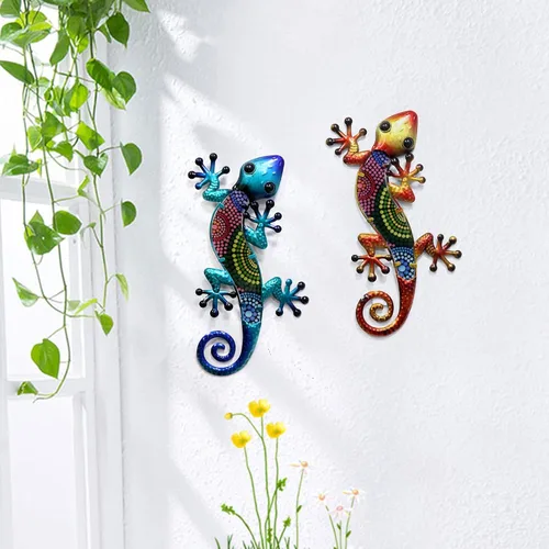 Miniatura 6 de HONGLAND Arte de pared de Gecko de metal, 2 unidades de lagarto de 15 pulgadas, decoración para exteriores, escultura de vidrio colgante, decoración