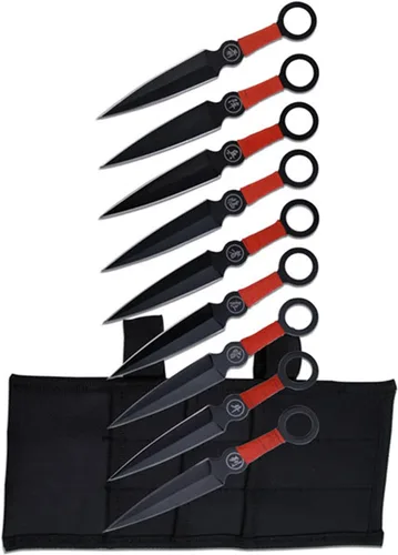 Perfect Point Set de cuchillos de lanzamiento – Juego de 9 lanzadores, hojas de acero inoxidable negro con mangos envueltos en cordón rojo con