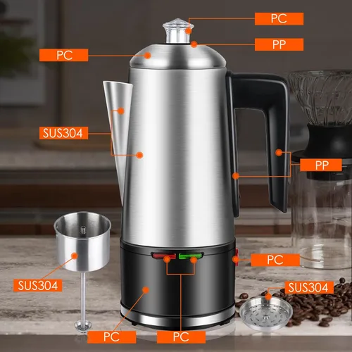 Miniatura 4 de Percolador de café eléctrico de 12 tazas, cafetera percoladora de 800 W, acero inoxidable con perilla transparente, mango de tacto frío, percolador