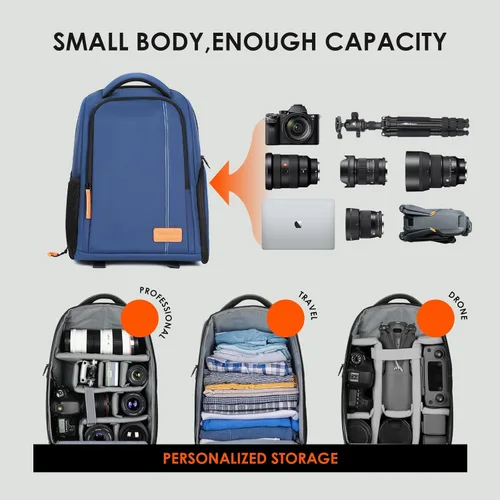 Miniatura 3 de TARION Mochilas grandes para cámara para fotógrafos, bolsa impermeable para cámara, mochila de fotografía con compartimento para laptop de 15.6 Azul