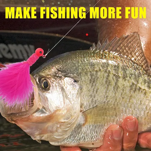 Miniatura 8 de Crappie Jig - Señuelos de pesca, 30 piezas de plumas de marabú, anzuelos de cabeza de calabú, plantilla de cola de cubo, teaser de pesca atados a
