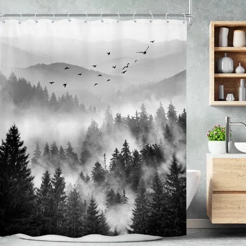 Miniatura 20 de Riyidecor - Cortina de ducha para baño pequeño de montaña, 36 pulgadas de ancho x 72 pulgadas de alto, verde, para RV, temática rústica, naturaleza