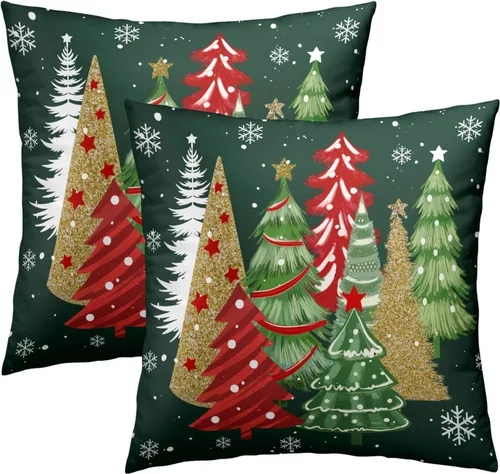 Miniatura 25 de Fundas de Almohada de Bosque de Pinos 22x22 Juego de 2, Fundas de Almohada Decorativas de Árboles de Abeto y Cedro Verde Nieve Beige de Invierno
