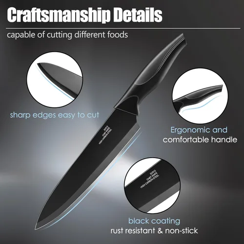 Miniatura 3 de HaWare Juego de cuchillos de cocina de acero inoxidable de 21 piezas, juego de cuchillos de chef negros con 6 Kinves para carne, cuchara medidora