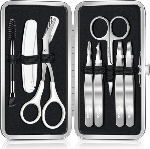 Miniatura 8 de TsMADDTs Pinzas para mujeres, kit de cejas 8 en 1 con pinzas, recortadora, tijera, navaja, cepillo con bolsa de viaje, kit para dar forma a las cejas