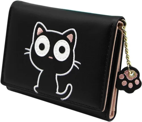 Miniatura 4 de Bonita cartera de gato para niñas y adolescentes, niños y mujeres, delgada de tres pliegues, tarjetero organizador con colgante de pata
