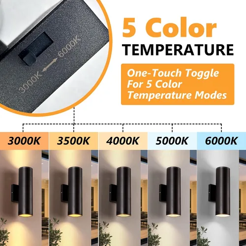 Miniatura 2 de DAKAFUL 5CCT - Luces de pared regulables para exteriores, paquete de 2 unidades, 3000 K, 5000 K, 6000 K, cilindro LED integrado, luz de aluminio
