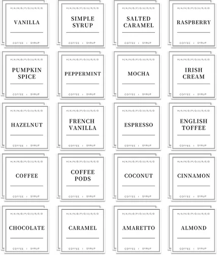40 etiquetas de jarabe de café para barra de café, etiquetas dispensadoras de jarabe de estación de café, etiquetas impermeables para botellas de