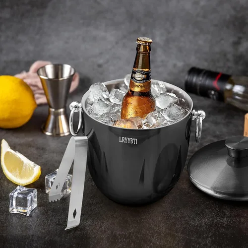 Miniatura 7 de Cubos de hielo de 3L para fiestas y bar de cócteles con tapa de acero inoxidable, pinzas y colador (negro) Cubo de hielo de metal aislado de doble