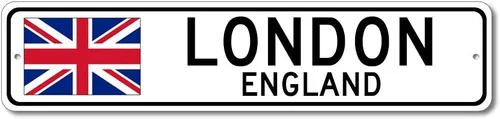 Letrero de metal de Londres, bandera de Inglaterra, personalizado, cueva del hombre, restaurante o pub, 4 x 18 pulgadas