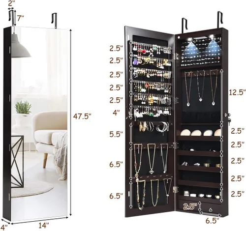 Miniatura 87 de Giantex Armario de joyería para puerta de pared con espejo de longitud completa, 2 LED con cerradura grande organizador de joyas con espejo ancho