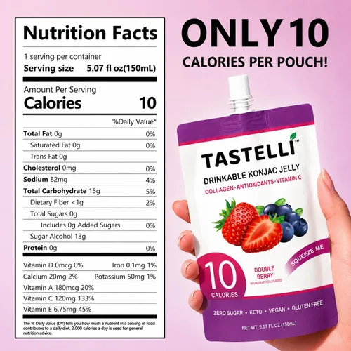 Miniatura 2 de Tastelli Gelatina Konjac infundida con 1000 mg de colágeno y vitamina C Sin gluten, sin azúcar, baja en calorías Bocadillo vegano de gelatina