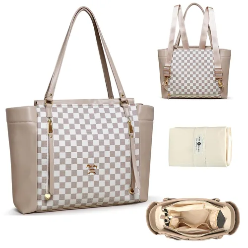 Miniatura 13 de Miss Fong Bolso de pañales de cuero con diseño a cuadros, mochila de gran capacidad para mamá, bolso hospitalario, con 12 bolsillos, bolso de viaje