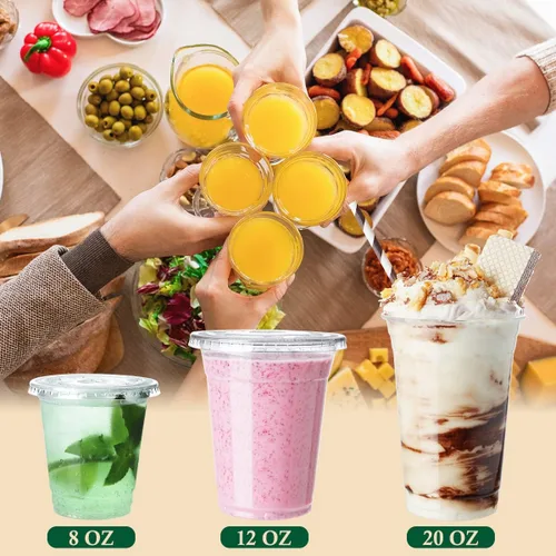 Miniatura 4 de Vasos de plástico de 8 onzas con tapas, paquete de 100 vasos transparentes desechables con tapas con ranura para popote para limonada, café, batido