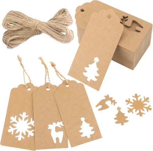 Joycraft 150 etiquetas con cuerda, 3 estilos de papel kraft en blanco huecas, etiquetas colgantes de regalo personalizadas para paquete, fiesta de