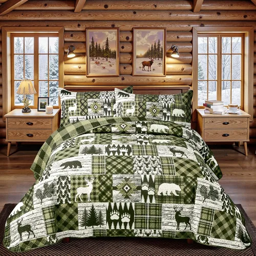 Miniatura 10 de Juego de 3 piezas de colcha tamaño King para cabaña, reversible, navideño, rústico, de microfibra, suave, ligera, de granja, con 2 fundas de 2-Oso