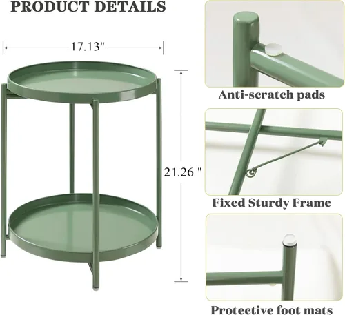 Miniatura 3 de TeoKJ Mesa auxiliar de 2 niveles verde, mesa auxiliar plegable redonda de metal, pequeña mesita de noche con dos bandejas extraíbles