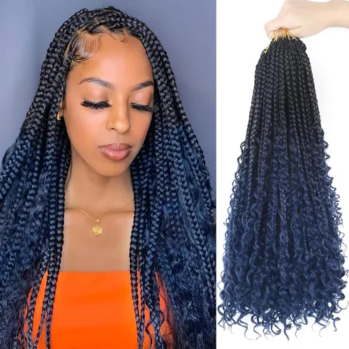 Miniatura 105 de Goddess Box Braids - Trenzas de cabello a ganchillo con extremos rizados, trenzas de caja bohemianas de 16 pulgadas, trenzas de ganchillo, 8 1B-4-30