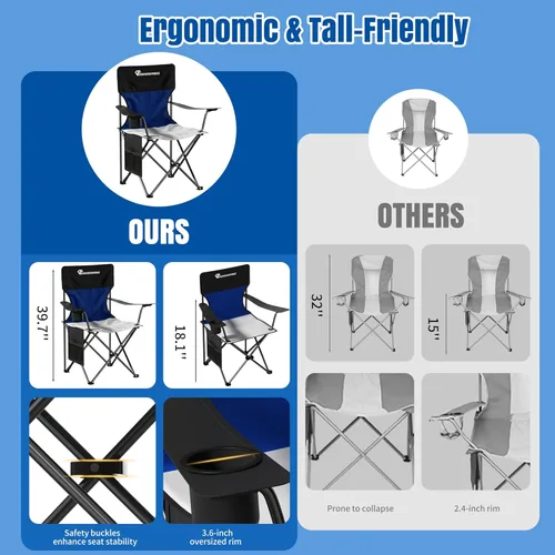 Miniatura 5 de Silla de camping de gran tamaño, sillas de césped con respaldo alto de 500 libras (negro azul) Portable Outdoor Heavy Duty Folding Camping Chairs