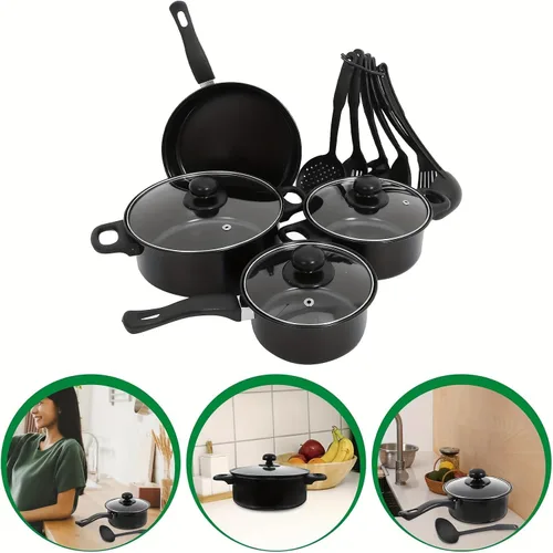 Miniatura 5 de Juego de utensilios de cocina de aluminio antiadherente de 7 piezas, ollas y sartenes, juegos de ollas y sartenes antiadherentes con tapas para Negro