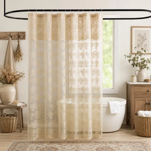 TUDECO Cortina de ducha de encaje color beige con valance - Cortina de ducha estilo casa de campo boho transparente con flores en tonos neutros para
