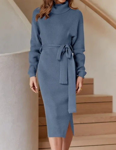 Miniatura 4 de ZESICA - Vestido por debajo de la rodilla de suéter, de cuello alto, para mujer, de manga larga, de punto acanalado, con abertura y cinturón