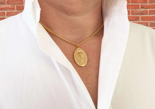 Miniatura 4 de Heartland - Medalla milagrosa ovalada de plata de ley chapada en oro de 16 quilates para hombre