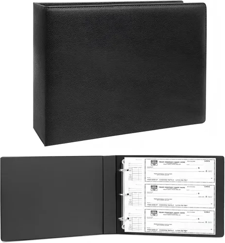 Carpeta de 3 anillos para cheques de escritorio con trozos finales, 3 en una página, se ajusta a 3 y 9 agujeros de piel sintética (9.1 x 12.5 Negro