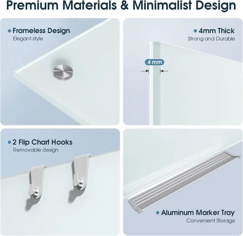 Miniatura 2 de MaxGear Pizarra blanca de cristal, pizarra magnética de borrado en seco templado de 96 x 48 pulgadas, sin marco, para oficina, aula, sala de Blanco